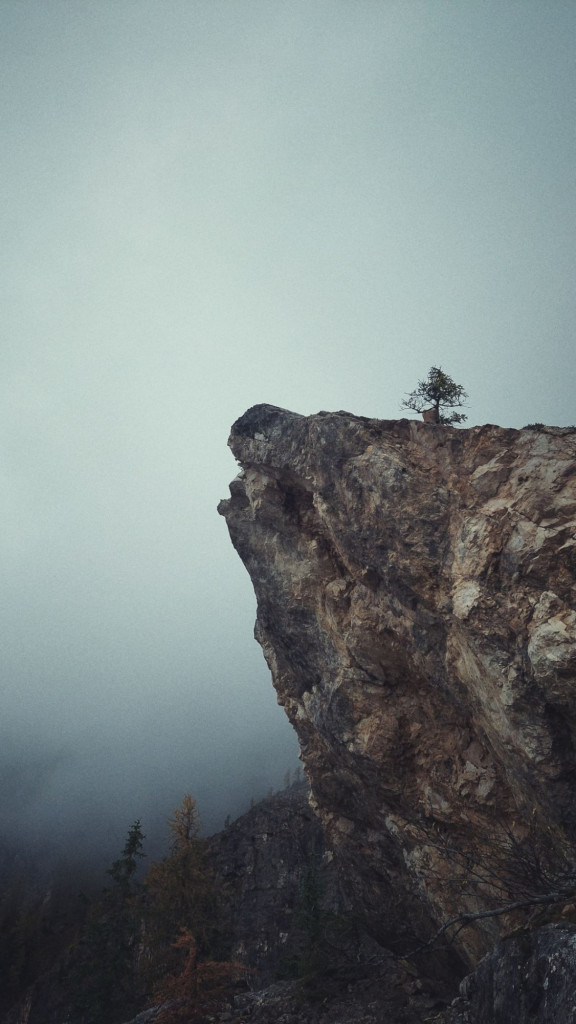 A somewhat clearly visible rocky corner in front, bearing a small tree. Clouds and fog behind.