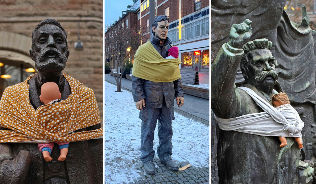 A collage of three statues adorned with baby slings carrying dolls, each highlighting the theme of fatherhood and caregiving. The first statue features a bronze figure wrapped in a yellow polka-dot sling, the second shows a man standing in the snow with a yellow sling, and the third depicts a historical leader with a white sling, raising his fist. This visual represents Arena Idé's International Men’s Day campaign to promote equal parenting and challenge traditional gender roles.