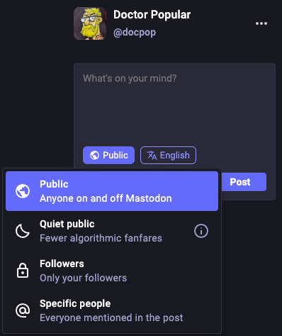 A screenshot showing different posting settings on Mastodon. Including Public, Followers, and Specific People