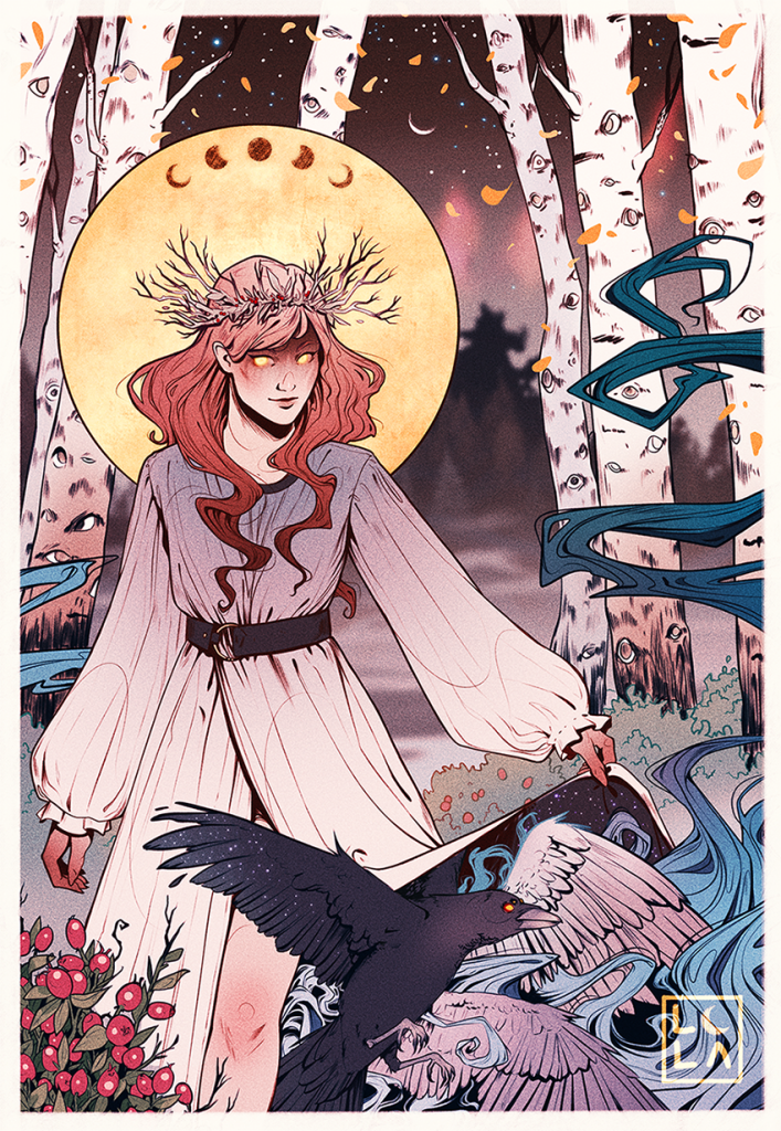 A lineart piece with flat colors of red haired witch in a birch tree forest lifting up her dress slightly and crows flying out from underneath it.