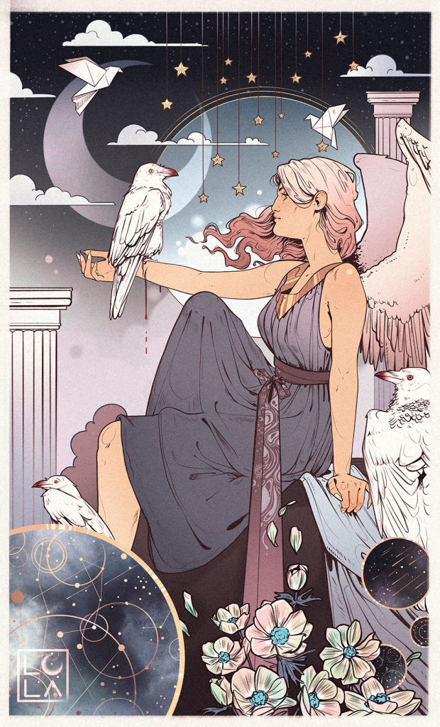 Ephemeral - An art nouveau piece of a woman with wings sitting at the edge of a cliff. White ravens surround her, one of them sits on her outstretched arm digging it's claws into her skin. Paper birds fly in the background, stars hang from strings and flowers bloom in the foreground. 