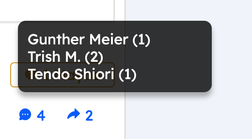 Click on the comments engagement count and it shows you a list of who has replied and how many times each of them has posted in the thread.