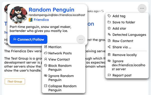 Options related to Author are on the Hovercard menu and options related to post to the "More" menu.