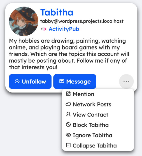 Sample Hovercard for someone you are friended to already.