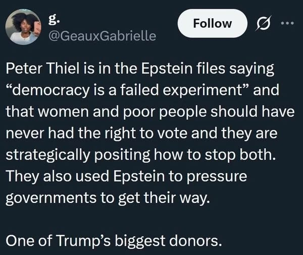 'g. @GeauxGabrielle<br><br>Peter Thiel is in the Epstein files saying 'democracy is a failed experiment" and that women and poor people should have never had the right to vote and they are strategically positing how to to stop both. They also used Epstein to pressure governments to get their way.<br><br>One of Trump's biggest donors.'