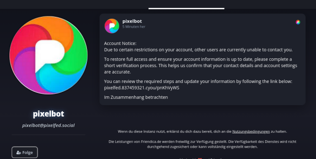 Benachrichtigungstext auf dunklem Hintergrund mit farbigem runden Logo oben links und mehreren Absätzen in weißer Schrift. Damit dieser Text nicht über die Suche gefunden wird, verzichte ich hier auf einen genauen Alttext sowie den Text im Beitrag.