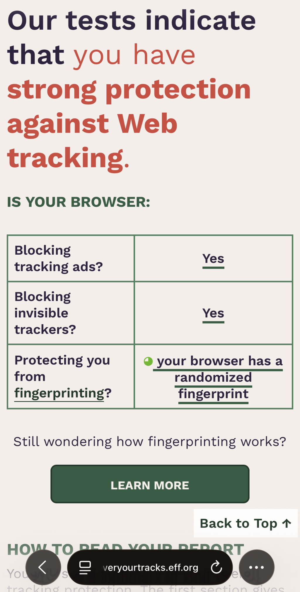 Our tests indicate that you have strong protection against Web tracking. IS YOUR BROWSER: Blocking tracking ads? Yes Blocking invisible trackers? Yes Protecting you from fingerprinting? ◕ your browser has a randomized fingerprint