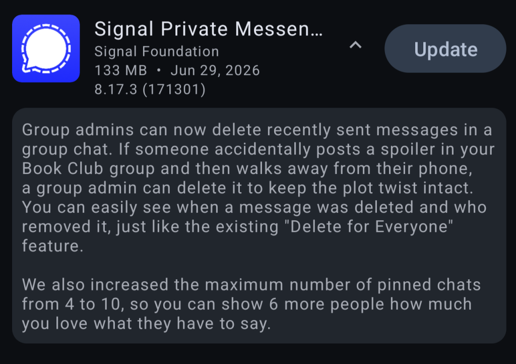 Screenshot of release notes