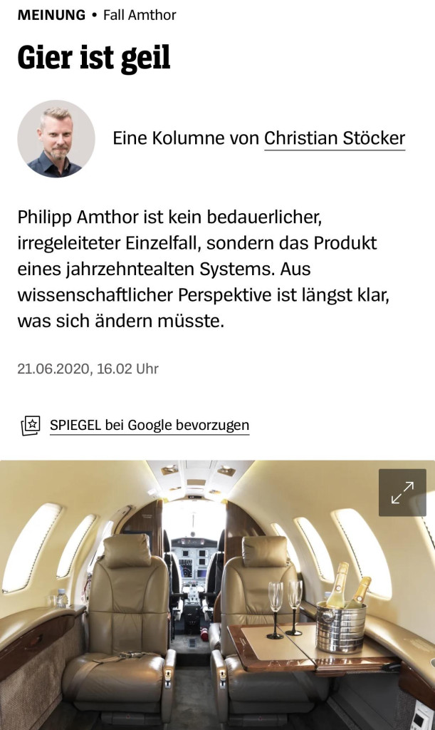 MEINUNG •Fall Amthor Gier ist geil Christian Stöcker Eine Kolumne von Christian Stöcker Philipp Amthor ist kein bedauerlicher, irregeleiteter Einzelfall, sondern das Produkt eines jahrzehntealten Systems. Aus wissenschaftlicher Perspektive ist längst <br />klar, was sich ändern müsste. 21.06.2020, 16.02 Uhr