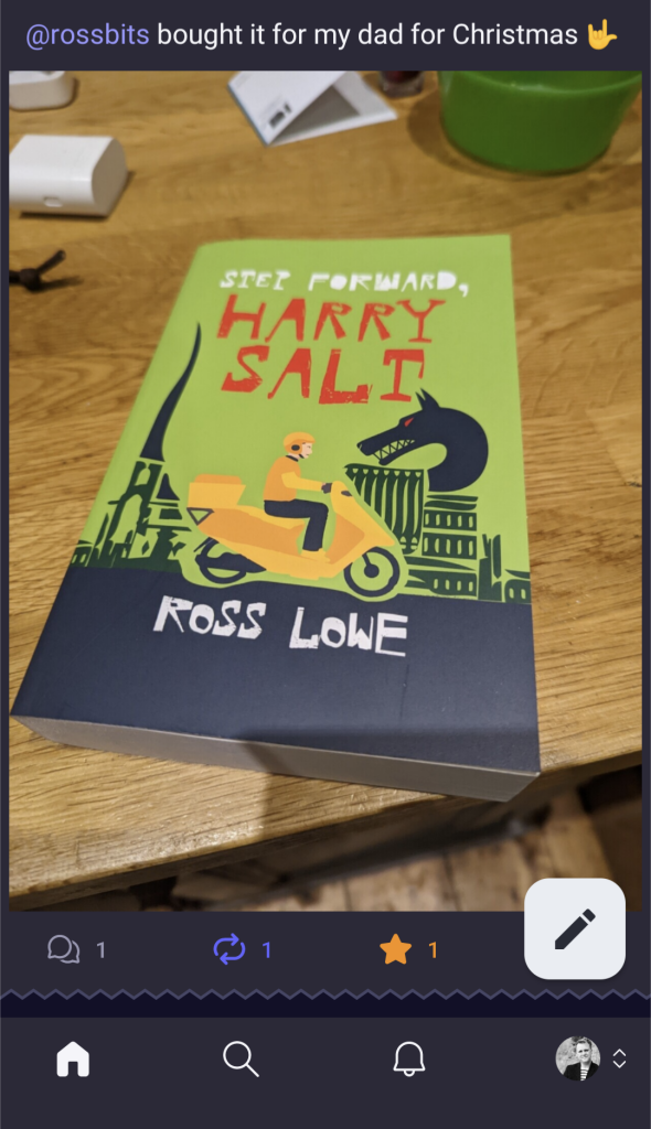 Front cover of novel "Step Forward, Harry Salt" by Ross Lowe. Depicts a moped rider dressed in yellow and black, riding his yellow moped along a street in Chesterfield, Derbyshire. A huge, snarling black dog with red eyes rears up at him from behind a building. The book is on a wooden table top.