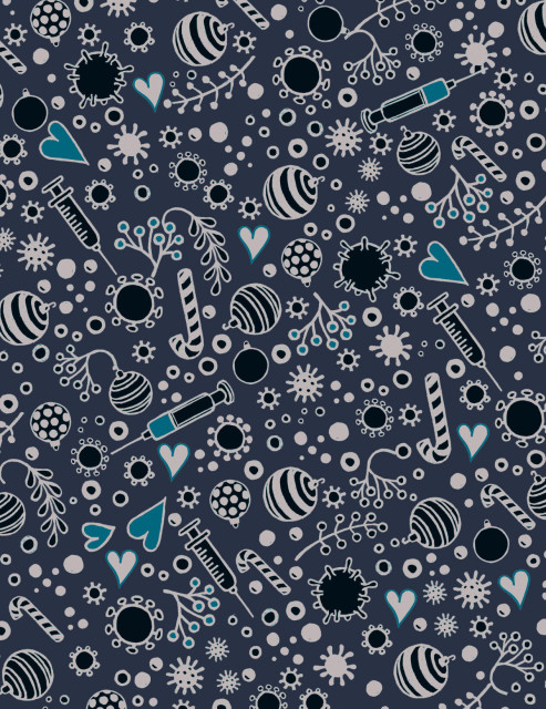 Patterns featuring baubles, jearts, stylised viruses and injection needles in different colour schemes