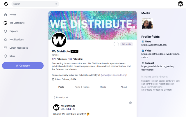 Screenshot of We Distribute's @hello profile under a Mangane interface. It rather looks like Twitter.