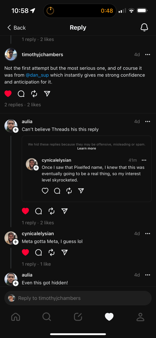 Thread showing meta hid a comment that mentioned Pixelfed 