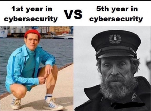 left hand side has a young sailor William Dafoe and says 1st year in cyber security. the right side says 5th year in cyber security and it has a grizzled old sailor William Defoe
