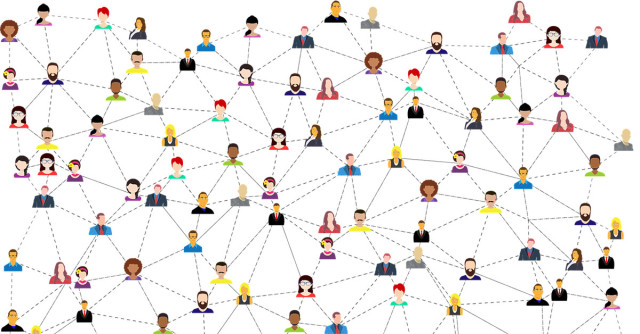The image depicts a network of diverse individuals represented by simplified figures, each connected by lines, creating a web-like structure. It appears to be a visual metaphor for a community or a social network, illustrating how people are connected to one another, symbolizing relationships, communication, cooperation, or the exchange of ideas. The variety of characters suggests inclusivity and diversity within this network, aligning with principles like solidarity, collaboration, and social interconnectedness. This image could represent a solidarity economy’s network, where different actors work together towards common goals of social equity and mutual support.