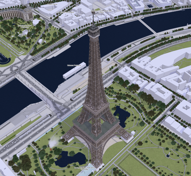 Screenshot of OpenStreetMap's 3D view, showing the Eiffel Tower in Paris.