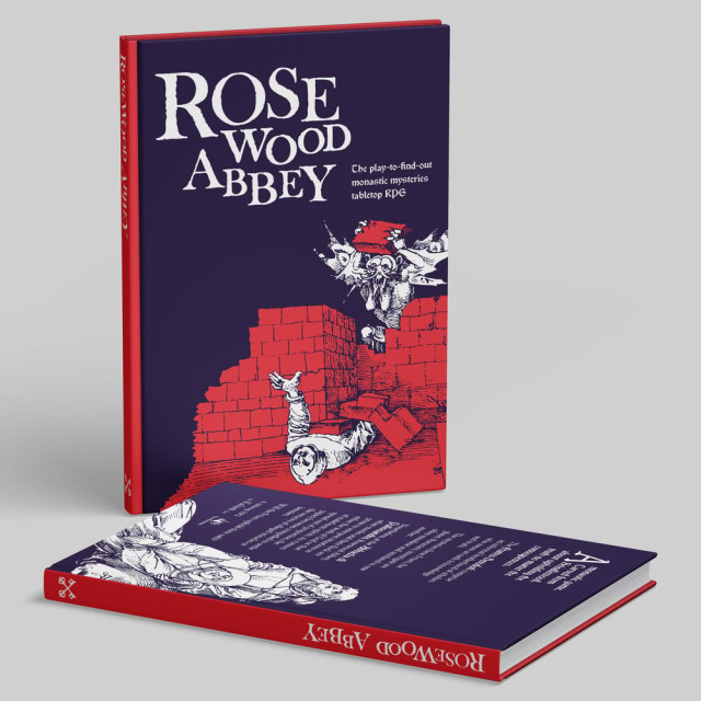 Mockup of the upcoming Rosewood Abbey print. The cover features a demon throwing a stone at a monk stuck under a collapsed wall. 
