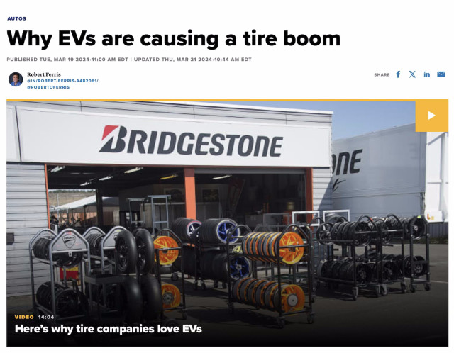 Screenshot from linked article. Headline says: "Why EVs are causing a tire boom." Photo of a Bridgestone tire store with many tires on display.