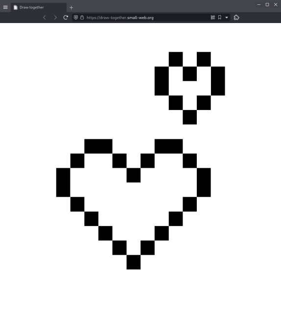 The initial canvas at https://draw-together.small-web.org showing a black and white pixel rendering of what looks like the two hearts emoji.