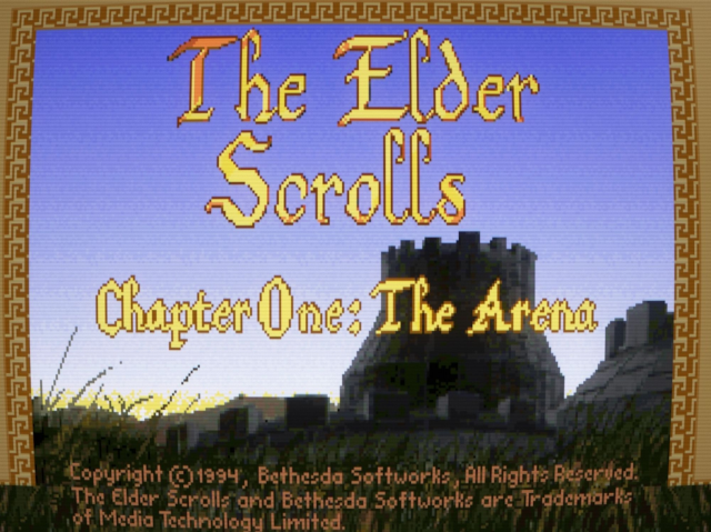 1994, Bethesda Softworks. The title screen for Arena, showing a blocky round castle beneath a blue sky