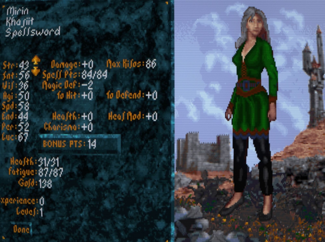 The character creation screen for Arena showing my Khajiit spellsword, Mirin. However, in Arena, Khajiit were just tanned humans rumoured to be descended from intelligent felines who often painted their faces with wildcat patterns. By the time of Daggerfall, the sequel, they were full anthro felines.