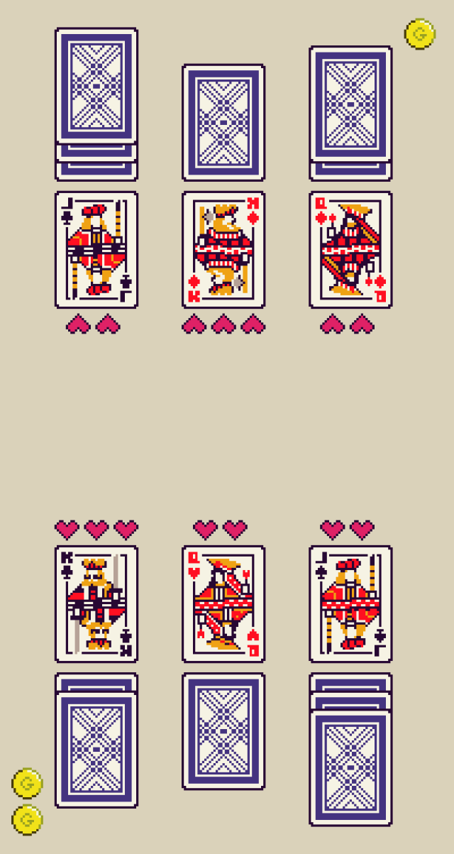 A table laid out for a card game featuring pixel cards. Each side has 3 nobles with full reputation and a bunch of face down supporter cards. Gold coins are off to the side.