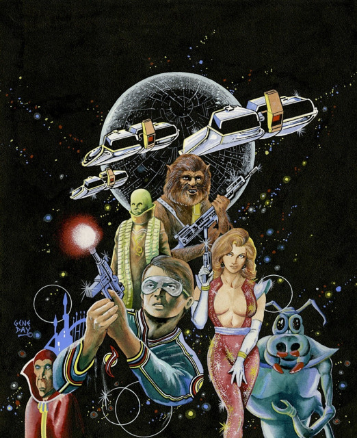 Knockoff Star Wars-y death star, weird pod ships, Bigfoot/Wookiee, green egg-man, long-faced elder alien, bug/pig alien, spaceman Spiff, lounge singer with almost exposed tits, everyone has laser guns, against "space" with streamers of colored stars
