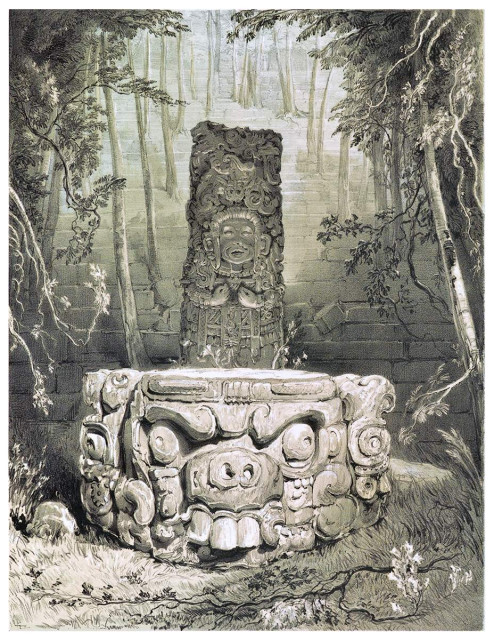 An altar, or sacrificial stone, is sculpted along its circumference into terrifying heads (only one of which is visible, facing the viewer) of large dimensions, wide-eyed and with protruding teeth, or fangs, according to the author. Behind stands an ornate statue with human features.