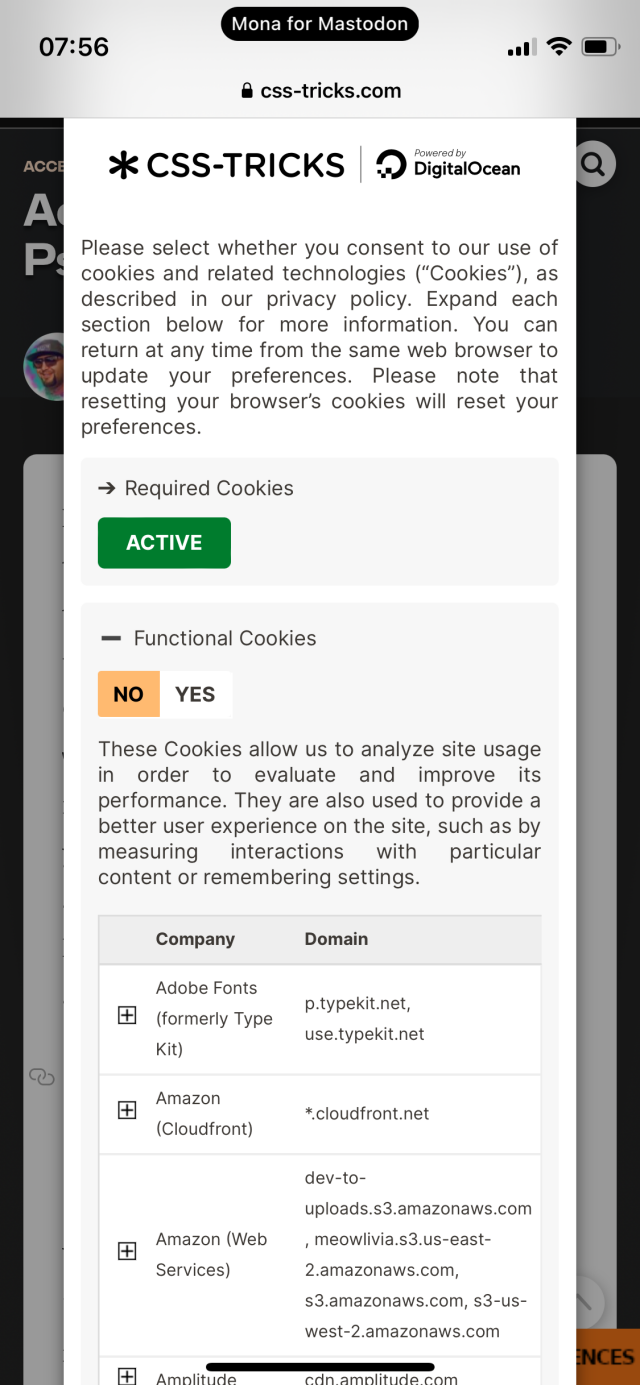 Cookie notice with lots of trackers listed (detail 1 of 4)