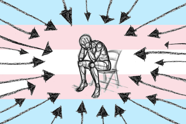 A rough sketch of a human figure sitting on a folding chair, elbows on their knees and head in their hands, and black arrows point at them and encroach from all sides, over a trans flag