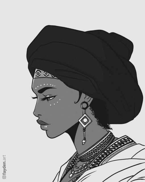 Profile portrait of a Black woman wearing a traditional outfit, the art is in black & white 