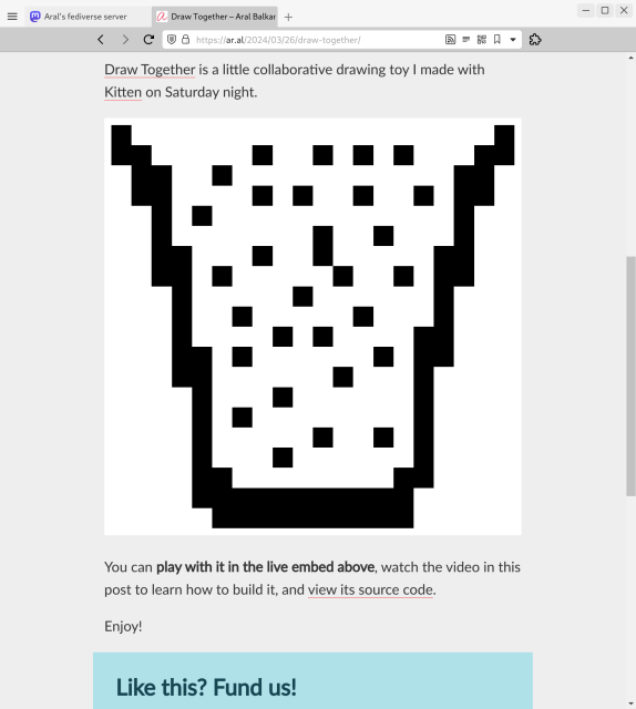 A Draw Together black and white pixel sketch of what looks like a beaker with some sort of liquid in it, embedded on my personal site in a post about how to build Draw Together from scratch using Kitten.