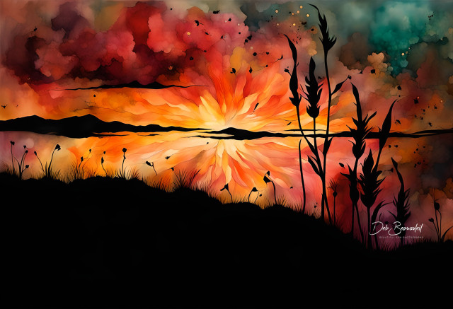 Vibrant hues of red, orange, and yellow blend together to depict a dramatic sunset reflecting over a body of water. Silhouettes of plants and small birds stand out against the watercolor-like background, creating a serene nature scene.

Image at: 
https://beautifulsunphotography.com/featured/sunset-on-the-water-deb-beausoleil.html
See more art & blog at:
https://beautifulsunphotography.com/
https://debbeausoleil.com