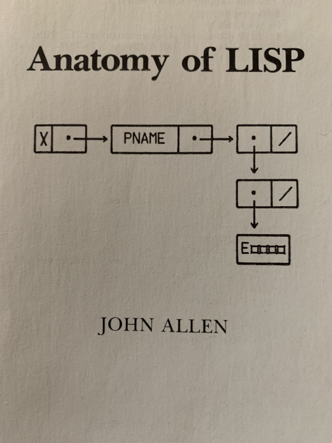 cover page for Anatomy of LISP by John Allen. Show an example of box notation. Boxes with arrows that represent a linked list.