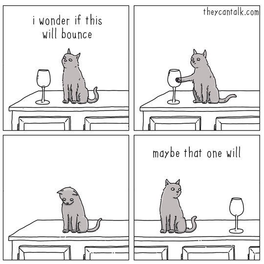 In the cartoon image, a grey cat is seen sitting on a kitchen counter. The cat has a mischievous expression on its face and is positioned in front of a glass. The text above the cat reads: "I wonder if this will bounce". The cat then throws away the glass, but it does not bounce back. The cat moves to another glass and says "Maybe that one will". Thus, the cat is seen trying different glasses to see which one bounces back, similar to the way developers or IT folks use trial and error to troubleshoot issues.