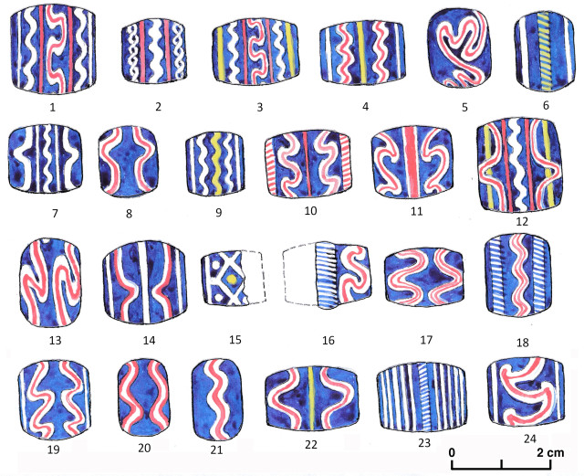 24 Scandinavian Late Iron Age glass beads found in Finland. Patterns in red, blue and white, some with yellow Illustration by Johan Callmer