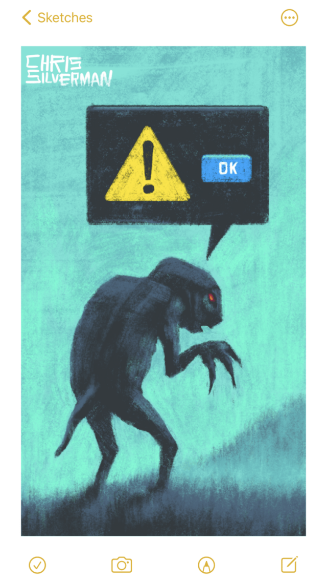 A dark gray, hunched-over, humanoid monster prowls a remote area. The sky is a dismal, grayish green. The monster stands on what looks like a meadow with a forested hill rising up in the distance. There appears to be a layer of fog over the ground. The monster has a tail, long claws, and a reddish eye. A black speech balloon is above the monster's head. The balloon looks like a computer error message without any text; it contains a triangular yellow warning icon, and a blue button that says "OK". But things are not OK.
