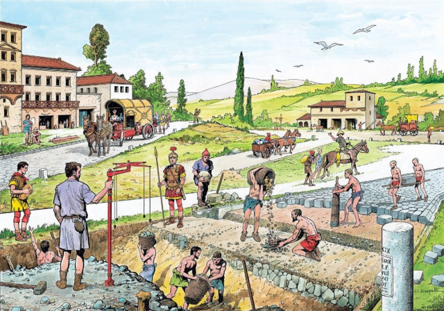 graphic - construction of a Roman road, including a surveyor using instrumentation called a groma
