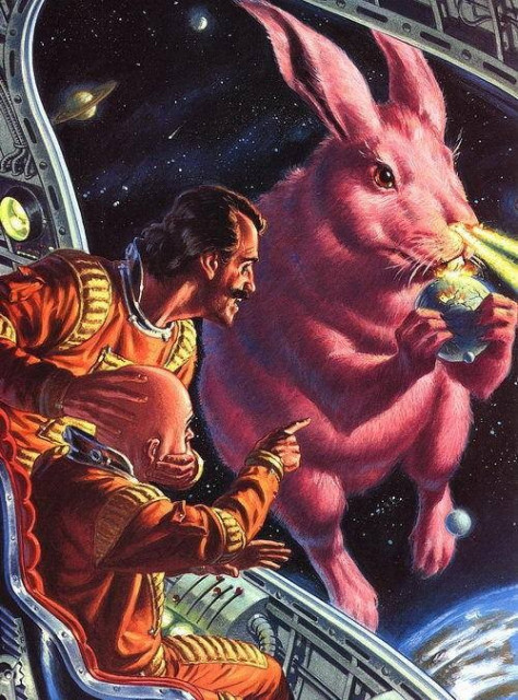 Old pulp-style illustration of two spacemen. One pointing, the other holding the pointing dude's head like he's about to snap his neck. They are both looking at a giant pink bunny, holding the planet earth and shooting laser beams out of its nostrils.
