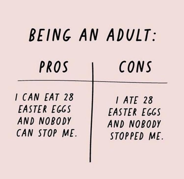 two column word meme 
BEING AN ADULT:

PROS: I CAN EAT 28 EASTER EGGS AND NOBODY CAN STOP ME. 

CONS: I ATE 28 EASTER EGGS AND NOBODY  STOPPED ME. 
