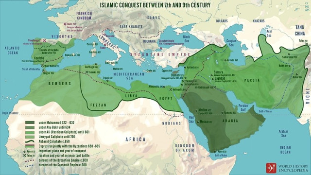 Map  of major battles of the  Islamic conquests between the 7th and the 9th century 

https://www.worldhistory.org/image/14212/islamic-conquests-in-the-7th-9th-centuries/