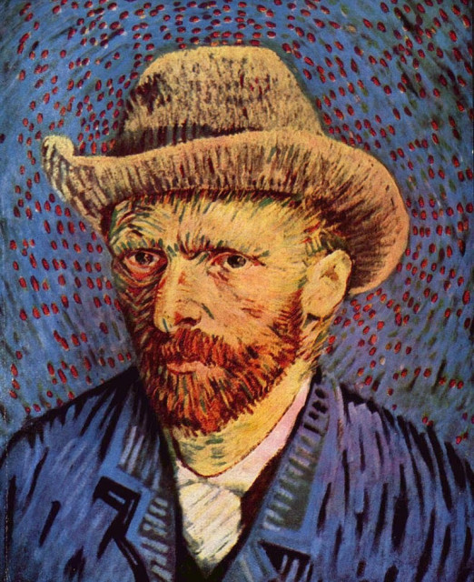 "Van Gogh painted this self-portrait in the winter of 1887–1888, when he had been living in Paris for nearly two years. Since his arrival in the city he had devoted much study to the dotted Pointillist technique, thereby learning how he might apply it in his own fashion. His use of brushstrokes running in a variety of directions created a self-portrait with a halo-like circle round his head. This variation and the dynamics it created were Van Gogh’s own contribution to the new style of painting." (Van Gogh Museum notice)