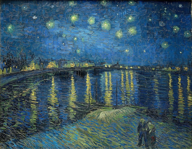 Starry Night Over the Rhone, painted in September 1888 at Arles. The painting is oil on canvas and measures 72.5 by 92 cm (28.54 by 36.22 inches). The painting is currently displayed at the Musée d'Orsay in Paris.