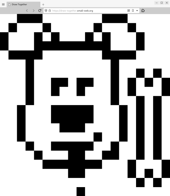 Black and white Draw Together pixel sketch of a cute puppy’s head and a bone.