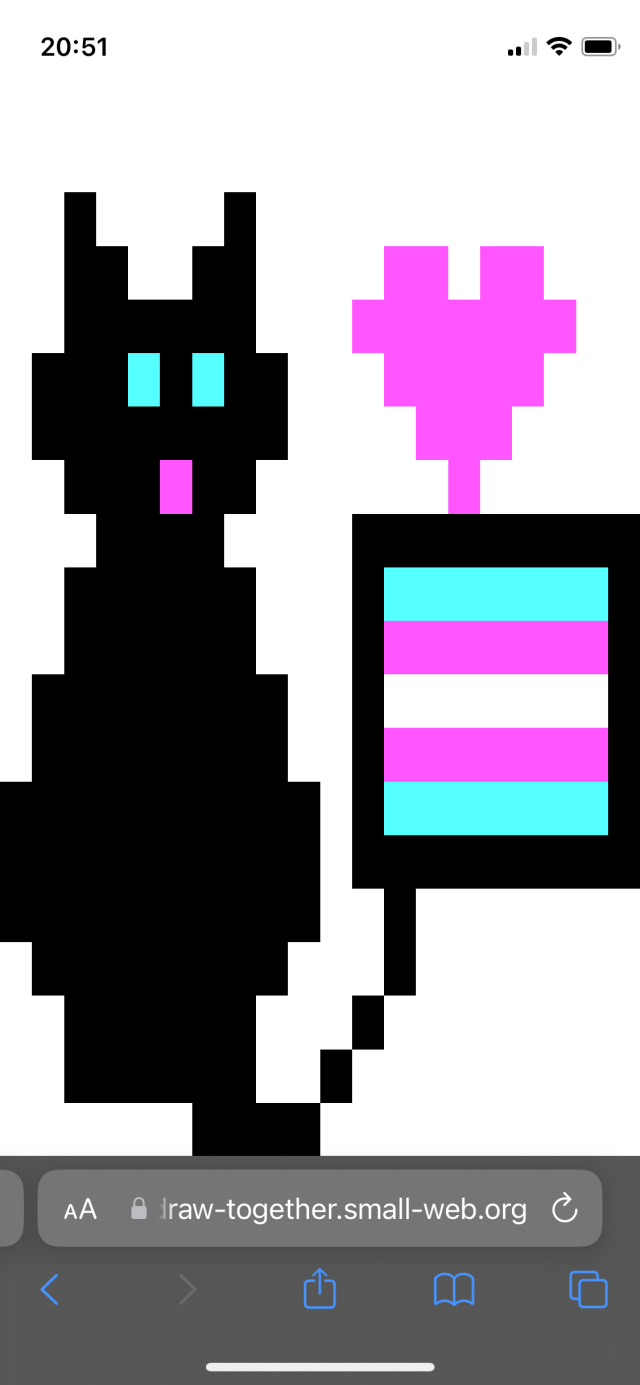 A Draw Together pixel sketch in CGA Palette 1 (cyan, magenta, white and black) of a black  cat with what looks like the trans flag and a heart.