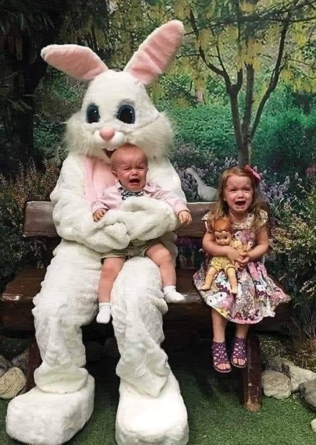 color photo of a person in  a giant white bunny suit holding a toddler, who is screaming, while sitting next to a little girl, who is also screaming in terror. 