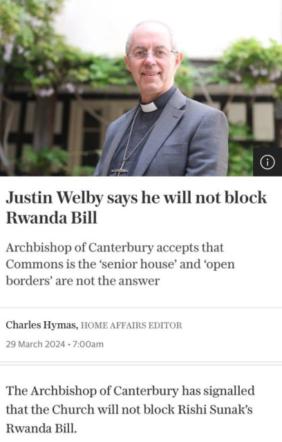 Justin Welby says he will not block Rwanda Bil
Archibishop of Canterbury accepts that Commons is the "senior house" and "open borders" are not the answer
