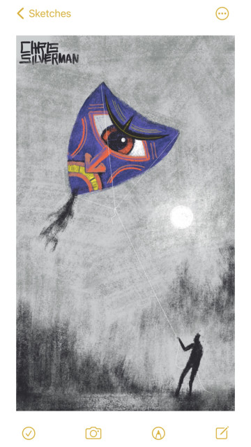 A person stands in a clearing at night, a full moon visible in the sky. There are indications of low trees, or a meadow. The person is flying a huge, shield-shaped purple kite with a frowning monster's face on it. The kite has a single red eye, a long nose, and exposed yellow teeth, with red stripes on it as well. Its tail resembles a beard. It is the only colored object in an otherwise grayscale drawing.