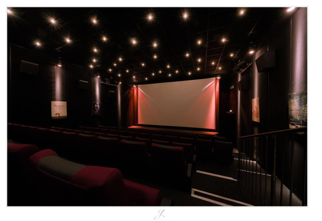 Inside a small cinema, view from the last row through the auditorium to the big screen. The light in the auditorium is subdued. The chairs are whine red and dark grey. The floor, walls and ceiling are completely black. The ceiling is irregularly covered with small little light spots that create beautiful starbursts, as the aperture was closed down some stops. The big screen is illuminated diagonally from the top left and top right in white and red. On the walls to the left and right, cinema spotlights shine directly downwards from the ceiling and illuminate the film posters hanging on the wall with their strips of light.

AI disclaimer: Using my work, its meta data, written or derived description to create media with or train AI based systems is prohibited.