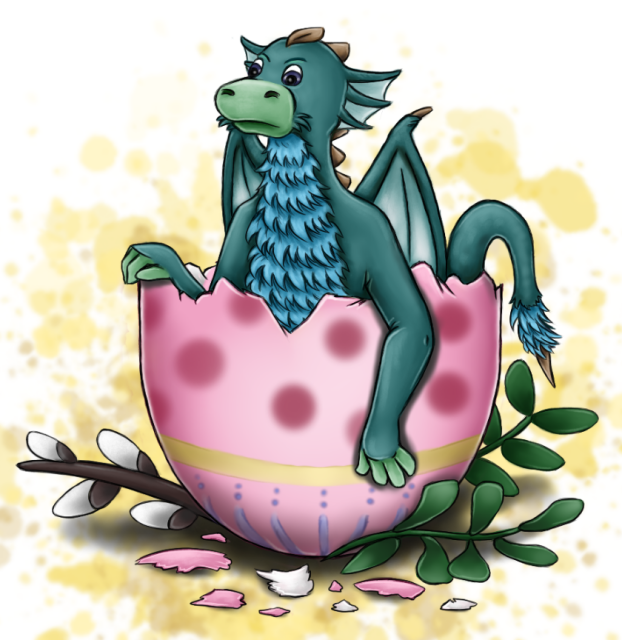 Cartoon style drawing of a teal dragon coming from cracked egg painted mostly pink. There are willow and blueberry branches around it, next to egg shell fragments.